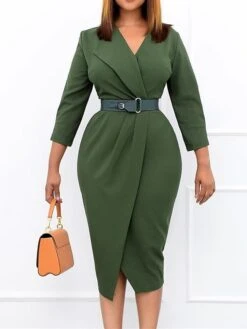 Women's Work Dress Casual Dress Sheath Dress Fashion Office Daily Workfashion Midi Dress Lace Up Ruched V Neck Long Sleeve Plain Regular Fit Red Green Dark Blue Fall Winter S M L XL XXL -Tesla Style jkeihn1695645164858