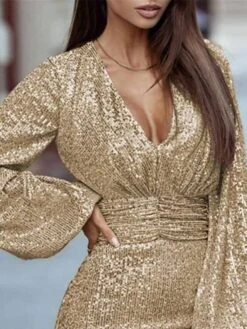 Women's Party Dress Sequin Dress Cocktail Dress Mini Dress Gold Long Sleeve Pure Color Sequins Spring Fall Winter V Neck Fashion Wedding Guest Vacation 2023 S M L XL XXL 3XL -Tesla Style jkejfh1696489169187