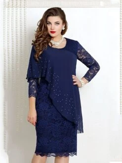 Women's Party Dress Work Dress Sheath Dress Midi Dress Navy Blue Blue Green 3/4 Length Sleeve Pure Color Lace Spring Fall Crew Neck Mature Office Summer Dress Spring Dress 2023 S M L XL XXL 3XL 4XL -Tesla Style jkgzyn1635998017569
