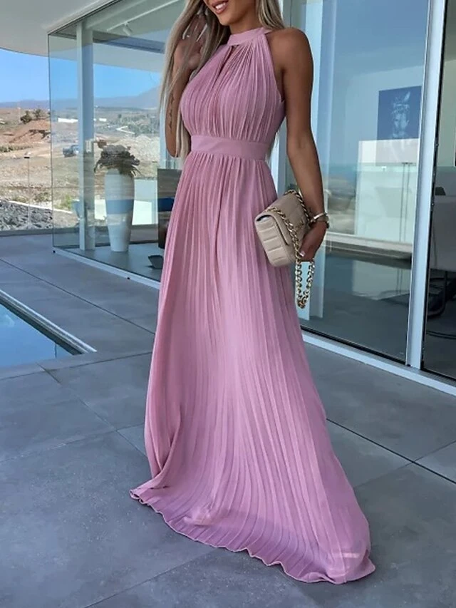 Women's Long Dress Maxi Dress Party Dress Casual Dress Summer Dress Pure Color Streetwear Casual Outdoor Holiday Going Out Ruched Pleated Sleeveless Halter Neck Dress Slim Pink Blue Summer Spring S M 6 Women's Long Dress Maxi Dress Party Dress Casual Dress Summer Dress Pure Color Streetwear Casual Outdoor Holiday Going Out Ruched Pleated Sleeveless Halter Neck Dress Slim Pink Blue Summer Spring S M - Image 4