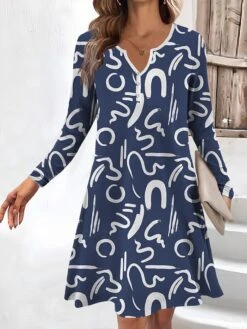 Women's Work Dress Casual Dress Fashion Winter Dress Daily Mini Dress Button Print V Neck Long Sleeve Letter Regular Fit Navy Blue Blue Green Fall Winter S M L XL XXL -Tesla Style jkxbeg1694670733751