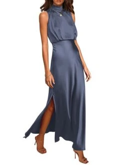 Women's Prom Dress Party Dress Satin Dress Long Dress Maxi Dress Black Light Green Wine Sleeveless Pure Color Split Summer Spring Stand Collar Fashion Evening Party Wedding Guest Vacation Loose Fit -Tesla Style jlblir1678413531835