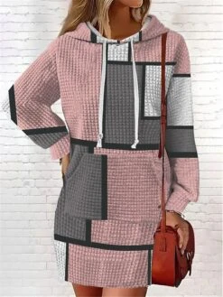 Women's Casual Dress Hoodie Dress Mini Dress Warm Fashion Outdoor Vacation Going Out V Neck Pocket Print Floral Geometric Loose Fit Pink Burgundy Blue S M L XL XXL -Tesla Style jldomx1694166434986