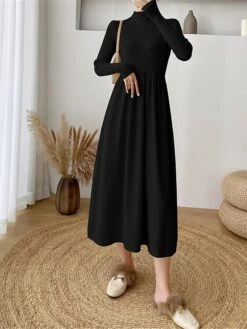 Women's Sweater Dress Jumper Dress Casual Dress Midi Dress Fashion Plain Outdoor Daily Going Out Turtleneck Long Sleeve 2023 Loose Fit Black Apricot One Size -Tesla Style jlfftc1695630307205