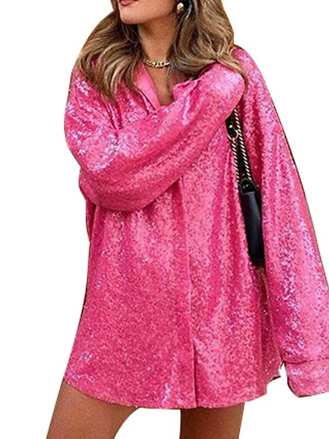 Women's Shirt Dress Party Dress Sequin Dress Mini Dress Light Pink Blue Green Long Sleeve Pure Color Sequins Spring Fall Winter Shirt Collar Fashion Winter Dress Vacation Fall Dress 2023 S M L 9 Women's Shirt Dress Party Dress Sequin Dress Mini Dress Light Pink Blue Green Long Sleeve Pure Color Sequins Spring Fall Winter Shirt Collar Fashion Winter Dress Vacation Fall Dress 2023 S M L - Image 7