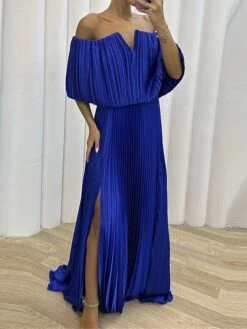 Women's Prom Dress Party Dress Satin Dress Long Dress Maxi Dress Black Yellow Wine Half Sleeve Pure Color Pleated Spring Fall Winter Off Shoulder Fashion Wedding Guest Birthday Evening Party 2023 S M -Tesla Style jlhtcw1696926226262
