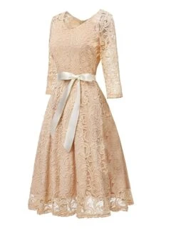 Women‘s Vintage Tea Dresses Party Dress Lace Dress Homecoming Dress Knee Length Dress Pink Wine Navy Blue 3/4 Length Sleeve Pure Color Lace Summer Spring Fall V Neck Classic Winter Dress -Tesla Style jlpisj1600920048831