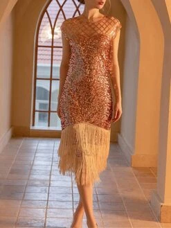 Women‘s Party Dress Fringe Dress Sequin Dress Black Dress Midi Dress White Champagne Short Sleeve Pure Color Sparkly Glitter Sequins Spring Fall Winter Crew Neck Fashion Wedding Guest Birthday -Tesla Style jltril1692178318041