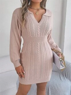 Women's Sweater Dress Winter Dress Jumper Dress Mini Dress Warm Pure Color Outdoor Casual Holiday Vacation V Neck Long Sleeve 2023 Regular Fit Pink Burgundy Green S M L -Tesla Style jlvkox1696926503186