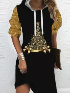 Women's Christmas Hoodie Dress Shift Dress Mini Dress Black Long Sleeve Tree Print Fall Spring Hooded Daily Vacation Loose Fit 2022 S M L XL XXL 3XL -Tesla Style jlxqak1667459521928