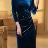Women's Party Dress Velvet Dress Cocktail Dress Midi Dress Blue 3/4 Length Sleeve Pure Color Ruched Spring Fall Winter V Neck Fashion Birthday Wedding Guest Fall Dress 2023 M L XL XXL 3XL 4XL -Tesla Style jmhvhc1693807437754