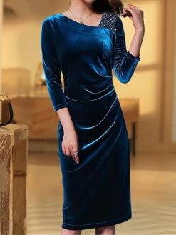 Women's Party Dress Velvet Dress Cocktail Dress Midi Dress Blue 3/4 Length Sleeve Pure Color Ruched Spring Fall Winter V Neck Fashion Birthday Wedding Guest Fall Dress 2023 M L XL XXL 3XL 4XL