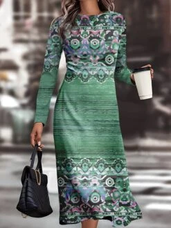 Women's Work Dress Casual Dress Semi Formal Dress Mature Winter Dress Daily Midi Dress Print Crew Neck Long Sleeve Tribal Slim Blue Purple Green Fall Winter S M L XL XXL -Tesla Style jmlyic1694426131956