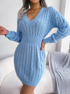 Women's Sweater Dress Jumper Dress Casual Dress Mini Dress Fashion Pure Color Outdoor Daily Vacation Going Out V Neck Long Sleeve Patchwork 2023 Regular Fit White Blue Khaki S M L -Tesla Style jmovyh1695030489564