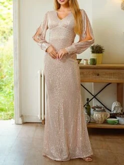 Women's Prom Dress Party Dress Sequin Dress Long Dress Maxi Dress Gold Long Sleeve Pure Color Sequins Fall Winter Autumn V Neck Fashion Winter Dress Wedding Guest Birthday 2023 S M L XL -Tesla Style jmsbvm1696077538822