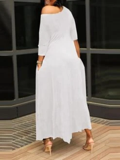 Women's Work Dress Black Dress White Dress Fashion Long Dress Maxi Dress Ruched Pocket One Shoulder 3/4 Length Sleeve Plain Regular Fit Black White Pink Fall S M L XL XXL -Tesla Style jnjeeb1693203370155