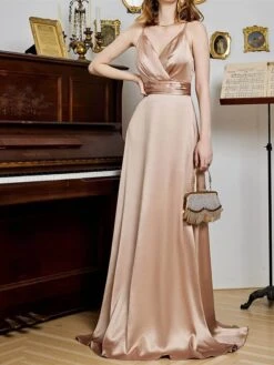 Women's Prom Dress Party Dress Satin Dress Long Dress Maxi Dress Champagne Pink Red Sleeveless Pure Color Backless Spring Fall Winter Spaghetti Strap Fashion Winter Dress Evening Party Wedding Guest -Tesla Style jouyda1692079372621