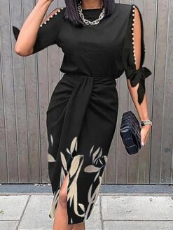 Women's Work Dress Sheath Dress Formal Dress Midi Dress Black Wine Dark Blue 3/4 Length Sleeve Floral Lace Up Summer Spring Crew Neck Work Party Office Vacation Loose Fit 2023 S M L XL XXL 3XL