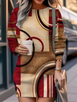 Women's Casual Dress Sweatshirt Dress Mini Dress Warm Fashion Outdoor Holiday Vacation Crew Neck Print Geometric Loose Fit Yellow Burgundy Blue S M L XL XXL -Tesla Style jpboqf1694590807267