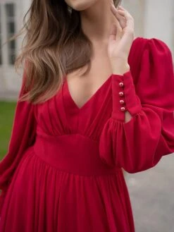 Women's Party Dress Cocktail Dress Wedding Guest Dress Long Dress Maxi Dress Wine Long Sleeve Pure Color Ruched Fall Winter Autumn V Neck Fashion Winter Dress Wedding Guest Birthday 2023 S M L XL -Tesla Style jpepbd1696077526679