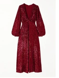 Women's Prom Dress Party Dress Sequin Dress Midi Dress Wine Long Sleeve Pure Color Ruched Fall Winter Autumn V Neck Fashion Evening Party Vacation Slim 2023 S M L XL -Tesla Style jpkqvj1695030107539