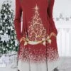 Women's Christmas Work Dress Casual Dress Fashion Winter Dress Daily Midi Dress Pocket Print Crew Neck Long Sleeve SnowmanTree Regular -Tesla Style jqabjx1695721938132
