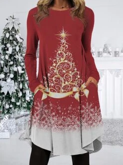 Women's Christmas Work Dress Casual Dress Fashion Winter Dress Daily Midi Dress Pocket Print Crew Neck Long Sleeve SnowmanTree Regular