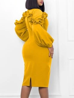 Women's Party Dress Work Dress Bodycon Midi Dress Black Yellow Red Long Sleeve Pure Color Ruffle Spring Fall Winter V Neck Elegant Slim 2023 S M L XL 2XL -Tesla Style jqekzd1669704881840