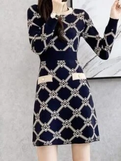 Women's Jumper Dress Knit Dress Midi Dress Daily Houndstooth Casual Daily Turtleneck Long Sleeve Patchwork 2023 Regular Fit Blue One Size -Tesla Style jqgoss1694500019350