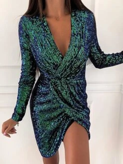 Women's Party Dress Sequin Dress Sheath Dress Mini Dress Silver Black Pink Long Sleeve Pure Color Sequins Fall Winter Autumn V Neck Fashion Party Winter Dress Birthday 2022 S M L XL XXL 3XL 4XL 5XL -Tesla Style jqiznm1634099227139
