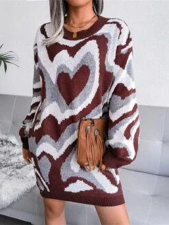 Women's Sweater Dress Jumper Dress Casual Dress Mini Dress Fashion Color Block Heart Outdoor Daily Vacation Going Out Crew Neck Long Sleeve 2023 Loose Fit Black Brown Khaki S M L -Tesla Style jqqjuv1694756610161