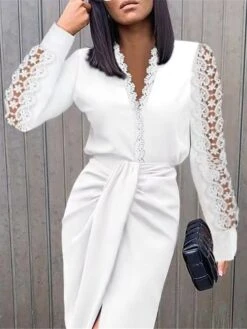 Women's Party Dress Lace Dress Work Dress Midi Dress Black White Long Sleeve Pure Color Lace Fall Winter V Neck Fashion Winter Dress Office Fall Dress 2023 S M L XL -Tesla Style jqwcxu1636522848744