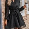 Women's Work Dress Casual Dress Sheath Dress Fashion Office Daily Workfashion Mini Dress Lace Up Ruched V Neck Long Sleeve Plain Loose Fit Black Wine Apricot Fall Winter S M L XL