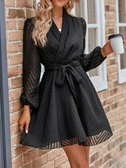 Women's Work Dress Casual Dress Sheath Dress Fashion Office Daily Workfashion Mini Dress Lace Up Ruched V Neck Long Sleeve Plain Loose Fit Black Wine Apricot Fall Winter S M L XL