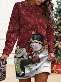 Women's Christmas Casual Dress Sweatshirt Dress Mini Dress Warm Fashion OutdoorVacation Crew Neck Print Animal Snowman Snowflake Loose Fit Red Burgundy Navy Blue S M L XL XXL -Tesla Style jrhpnu1695377550661
