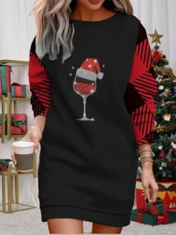 Women's Christmas Casual Dress Sweatshirt Dress Mini Dress Warm Fashion OutdoorVacation Crew Neck Printhat Loose Fit Black Wine Red S M L XL XXL -Tesla Style jrkdxv1695365299788
