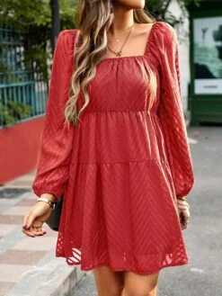 Women's Work Dress Black Dress Semi Formal Dress Fashion Mini Dress Ruched Square Neck Long Sleeve Plain Loose Fit Black Red Army Green Fall S M L XL -Tesla Style jrzmdk1693300566858