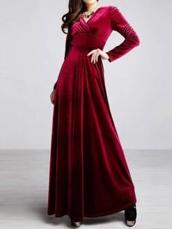 Women‘s Party Dress Wedding Guest Dress Velvet Dress Long Dress Maxi Dress Black Wine Royal Blue Long Sleeve Pure Color Ruched Fall Spring V Neck Fashion Party Winter Dress Evening Party 2023 S M L XL -Tesla Style jshjoo1664516296318