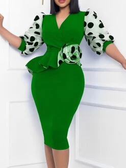 Women's Work Dress Sheath Dress Midi Dress Black Yellow Blue 3/4 Length Sleeve Polka Dot Ruffle Summer Spring V Neck Fashion Office S M L XL 2XL 3XL