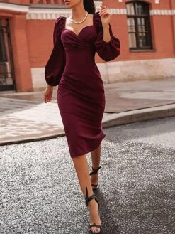 Women's Work Dress Sheath Dress Semi Formal Dress Fashion Winter Dress Office Daily Midi Dress Backless Off Shoulder Long Sleeve Plain Regular Fit Black Wine Fall Winter S M L -Tesla Style jttknr1697098982906
