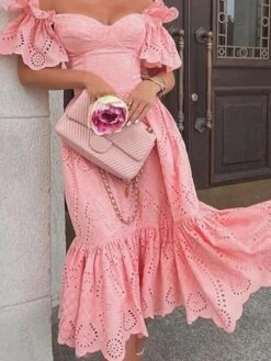 Women‘s Party Dress Wedding Guest Dress Swing Dress Midi Dress Pink Short Sleeve Pure Color Ruffle Spring Summer Off Shoulder Elegant 2023 S M L XL XXL -Tesla Style judcek1642488863252