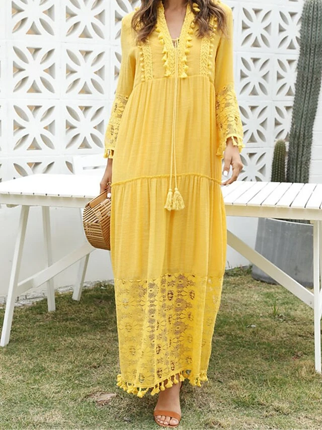 Women's Long Dress Maxi Dress Party Dress Casual Dress Sundress Pure Color Basic Bohemian Outdoor Daily Beach Lace Long Sleeve V Neck Dress Regular Fit Yellow Pink Blue Summer Spring S M L XL XXL 7 Women's Long Dress Maxi Dress Party Dress Casual Dress Sundress Pure Color Basic Bohemian Outdoor Daily Beach Lace Long Sleeve V Neck Dress Regular Fit Yellow Pink Blue Summer Spring S M L XL XXL - Image 5