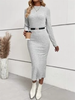 Women's Sweater Dress Winter Dress Jumper Dress Midi Dress Ribbed Outdoor Work Street Fashion Modern Crew Neck Long Sleeve 2023 Slim Light Grey Color S M L XL Size -Tesla Style juepzb1694594777367