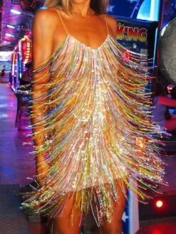 Women's Party Dress Fringe Dress Sequin Dress Mini Dress Colorful Sleeveless Multicolor Tassel Fringe Summer Spring Fall Spaghetti Strap Party Birthday Vacation Summer Dress 2023 S M L XL