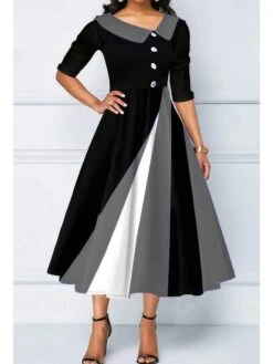Women's Casual Dress Church Dress Midi Dress Black Half Sleeve Color Gradient Patchwork Summer Spring V Neck Modern 2023 S M L XL 2XL 3XL