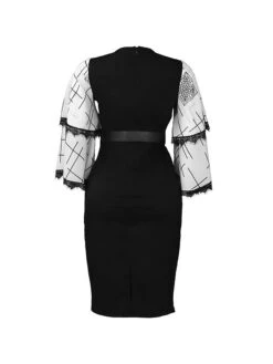 Women's Work Dress Casual Dress Black Dress Fashion Office Daily Workfashion Midi Dress Lace Up Mesh V Neck 3/4 Length Sleeve Color Block Regular Fit Black White Red Fall Winter S M L XL XXL -Tesla Style juvmmf1695645204897