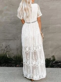 Women's Party Dress Lace Dress Sheath Dress Long Dress Maxi Dress White Short Sleeve Pure Color Fall Spring Summer Deep V S M L XL XXL -Tesla Style jvfgzl1625477374088