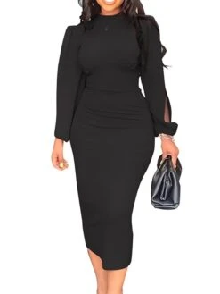 Women's Work Dress Sheath Dress Black Dress Fashion Midi Dress Ruched Crew Neck Long Sleeve Plain Slim Black Pink Red Fall Winter S M L XL