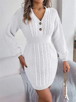 Women's Sweater Dress Winter Dress Jumper Dress Mini Dress Active Pure Color Outdoor Casual Holiday Vacation V Neck Long Sleeve Button 2023 Regular Fit White Pink Green S M L -Tesla Style jvifcr1696926547606