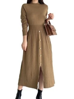 Women's Sweater Dress Winter Dress Jumper Dress Midi Dress Pleated Button Daily Date Going Out Fashion Basic Crew Neck Long Sleeve 2023 Slim Black Brown Green Color S M L XL Size -Tesla Style jvrkfu1692687923947